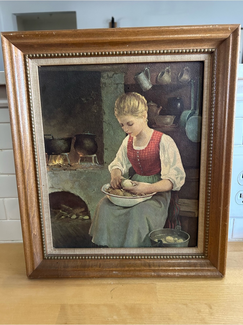 Vintage Girl Peeling Potatoes Framed Art Print - Brown Frame
